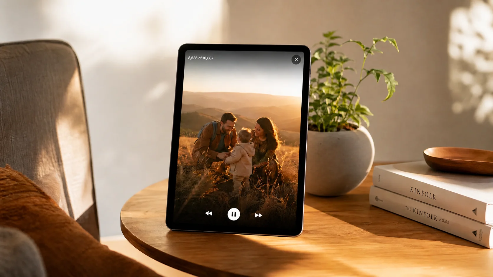iPad displaying Framilia digital photo frame app with family photo slideshow