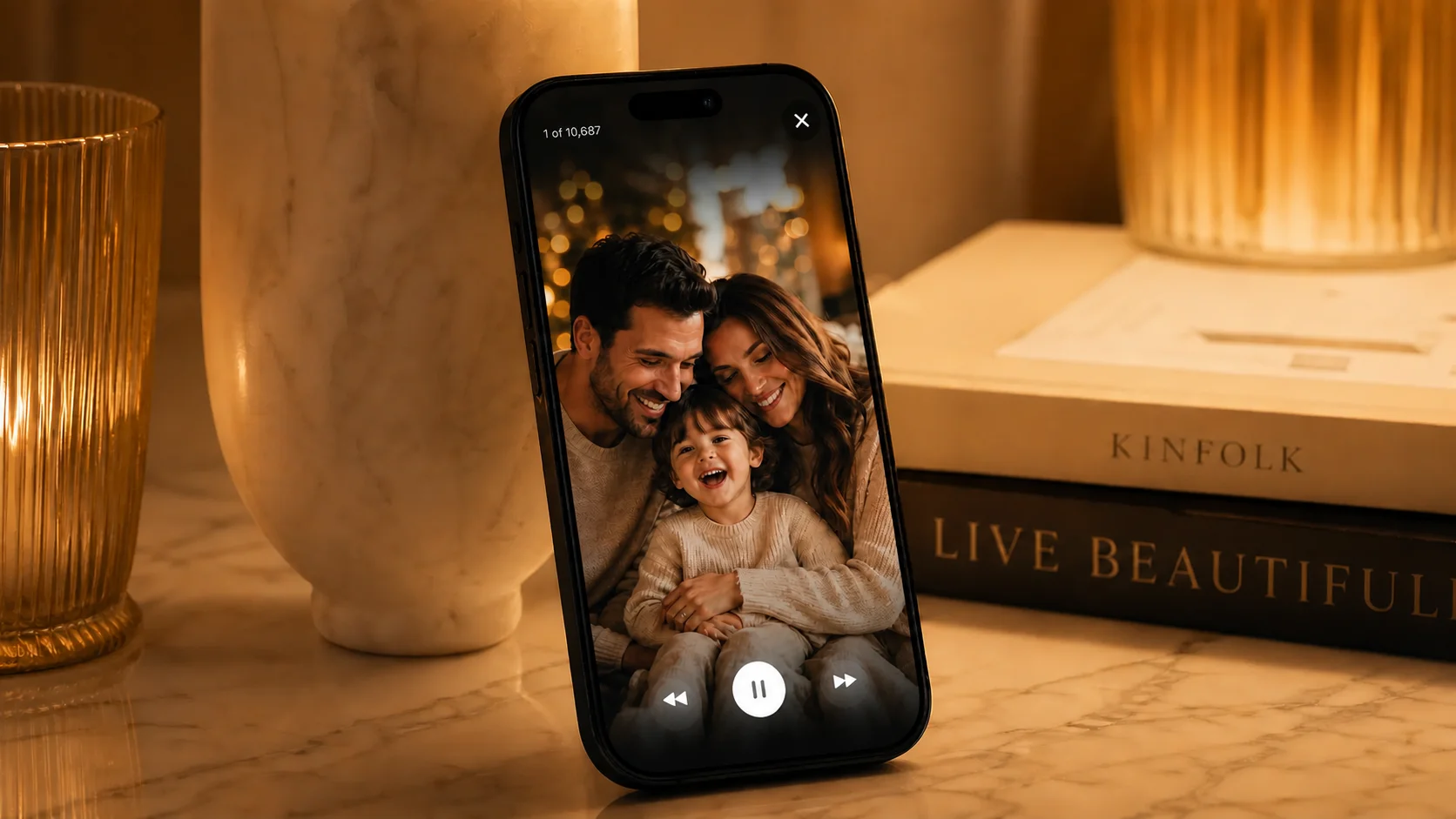 iPhone displaying Framilia digital photo frame app with family memories