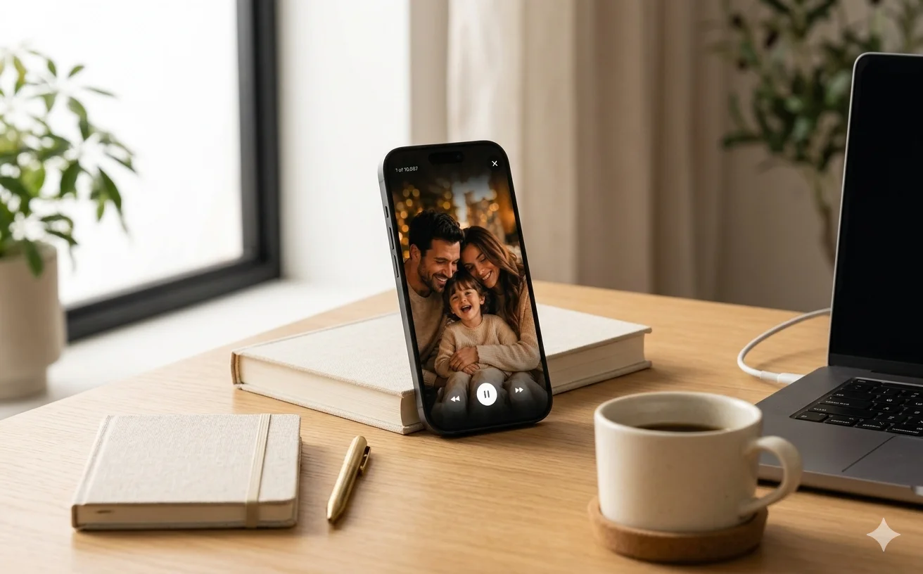 iPhone on a desk showing family photos beside a laptop