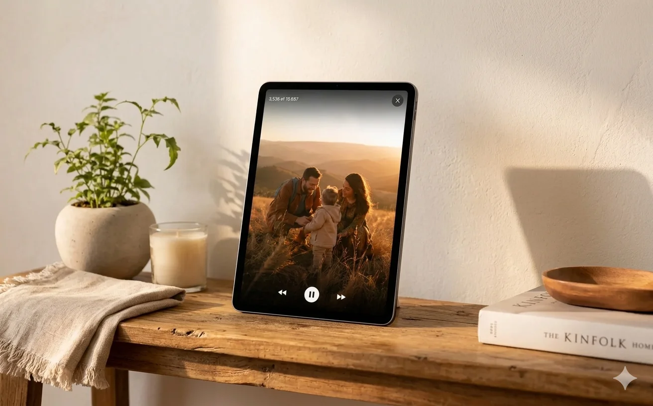 iPad on a home shelf displaying a family photo slideshow