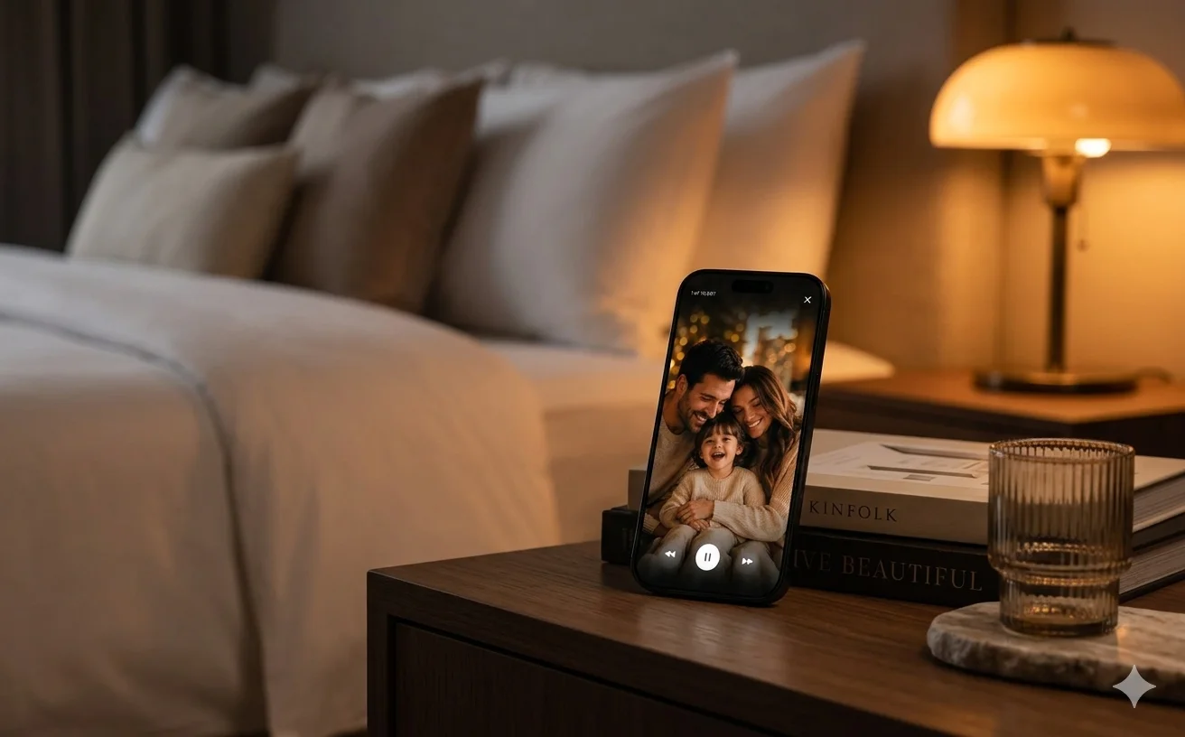 iPhone on a hotel nightstand displaying family photos